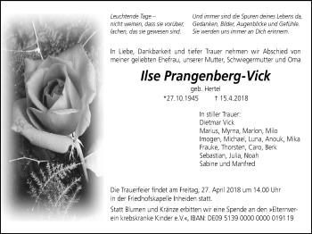 Traueranzeige von Ilse Prangenberg-Vick von Licher Wochenblatt, Licher Wochenblatt, Licher Wochenblatt
