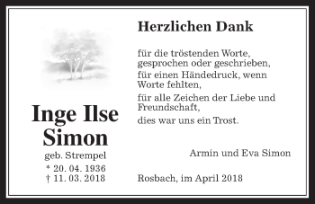 Traueranzeige von Inge Ilse Simon von Wetterauer Zeitung, Wetterauer Zeitung