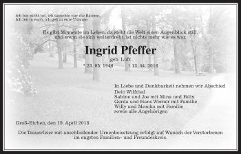 Traueranzeige von Ingrid Pfeffer von Alsfelder Allgemeine
