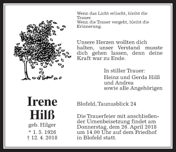 Traueranzeige von Irene Hilß von Wetterauer Zeitung, Wetterauer Zeitung