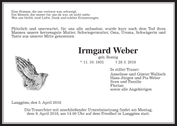 Traueranzeige von Irmgard Weber von Giessener Allgemeine, Alsfelder Allgemeine