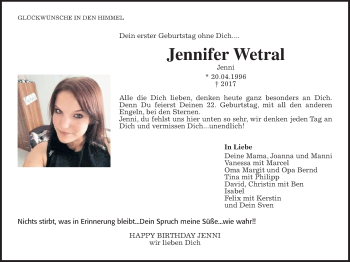 Traueranzeige von Jennifer Wetral von Alsfelder Allgemeine