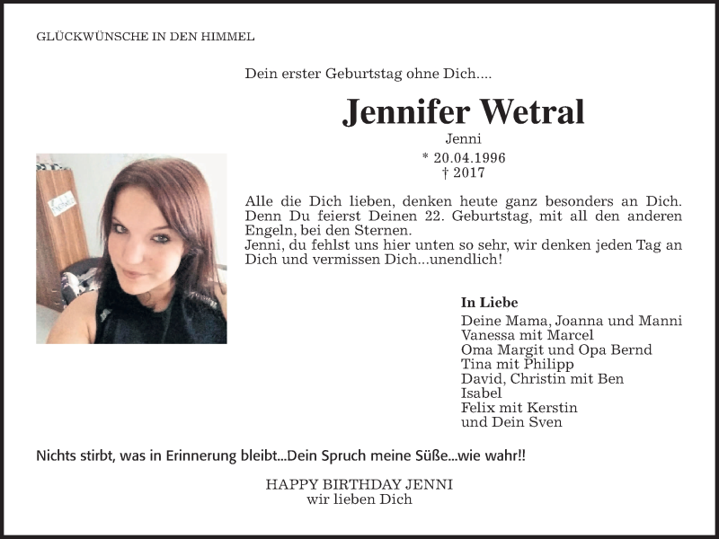  Traueranzeige für Jennifer Wetral vom 20.04.2018 aus Alsfelder Allgemeine