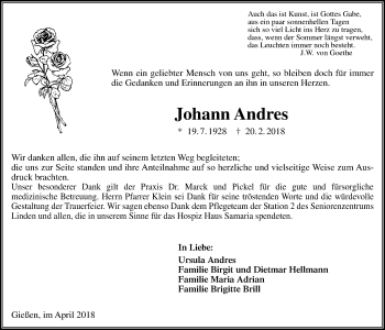 Traueranzeige von Johann Andres von Giessener Allgemeine, Alsfelder Allgemeine