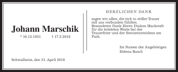 Traueranzeige von Johann Marschik von Wetterauer Zeitung, Wetterauer Zeitung