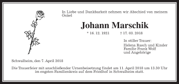 Traueranzeige von Johann Marschik von Wetterauer Zeitung, Wetterauer Zeitung