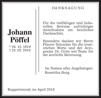 Traueranzeige von Johann Pöffel von Alsfelder Allgemeine