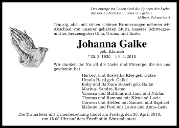 Traueranzeige von Johanna Galke von Wetterauer Zeitung, Wetterauer Zeitung