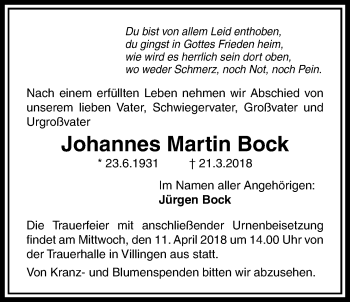 Traueranzeige von Johannes Martin Bock von Licher Wochenblatt, Licher Wochenblatt, Licher Wochenblatt