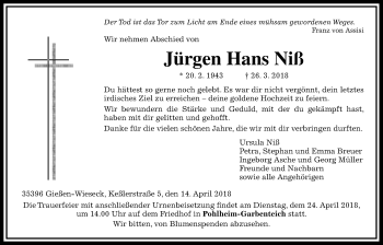 Traueranzeige von Jürgen Hans Niß von Giessener Allgemeine, Alsfelder Allgemeine