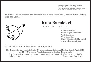 Traueranzeige von Kala Barnickel von Giessener Allgemeine, Alsfelder Allgemeine