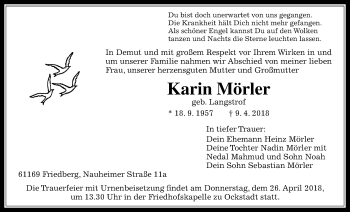 Traueranzeige von Karin Mörler von Wetterauer Zeitung, Wetterauer Zeitung