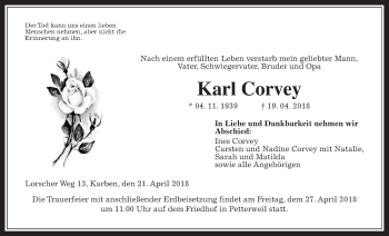 Traueranzeige von Karl Corvey von Wetterauer Zeitung