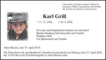 Traueranzeige von Karl Grill von Giessener Allgemeine, Alsfelder Allgemeine