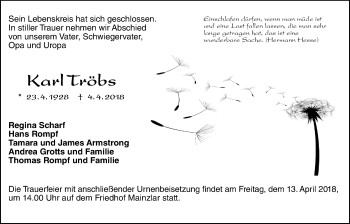 Traueranzeige von Karl Tröbs von Giessener Allgemeine, Alsfelder Allgemeine