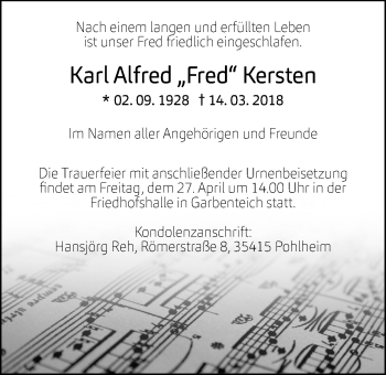 Traueranzeige von Karl Alfred Kersten von Pohlheimer Nachrichten