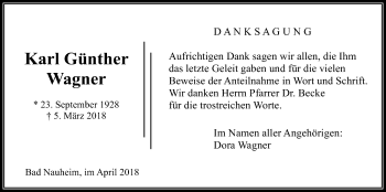 Traueranzeige von Karl Günther Wagner von Wetterauer Zeitung, Wetterauer Zeitung