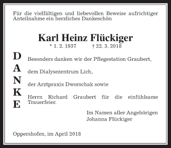 Traueranzeige von Karl Heinz Flückiger von Wetterauer Zeitung, Wetterauer Zeitung