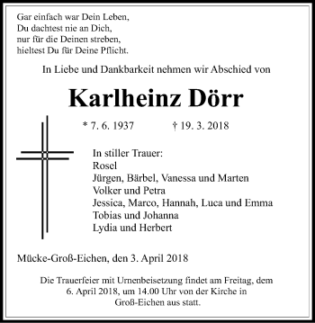 Traueranzeige von Karlheinz Dörr von Alsfelder Allgemeine
