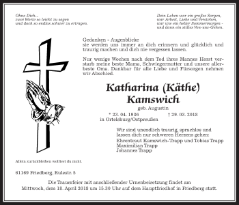 Traueranzeige von Katharina Kamswich von Wetterauer Zeitung, Wetterauer Zeitung