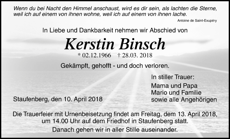  Traueranzeige für Kerstin Binsch vom 10.04.2018 aus Giessener Allgemeine, Alsfelder Allgemeine