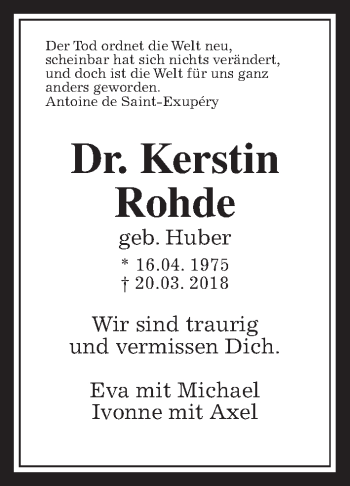 Traueranzeige von Kerstin Rohde von Giessener Allgemeine, Alsfelder Allgemeine