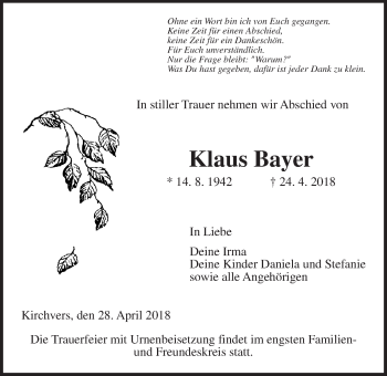 Traueranzeige von Klaus Bayer von Giessener Allgemeine, Alsfelder Allgemeine
