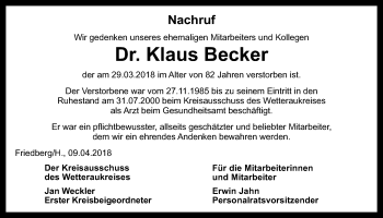 Traueranzeige von Klaus Becker von Wetterauer Zeitung, Wetterauer Zeitung