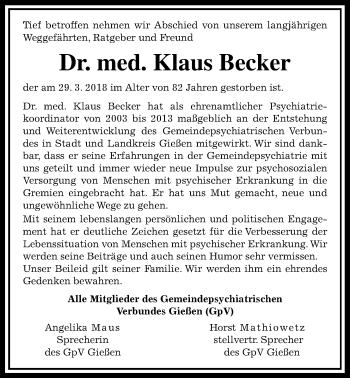 Traueranzeige von Klaus Becker von Giessener Allgemeine, Alsfelder Allgemeine