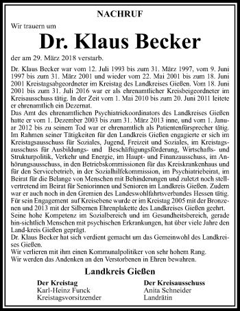 Traueranzeige von Klaus Becker von Giessener Allgemeine, Alsfelder Allgemeine