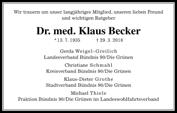 Traueranzeige von Klaus Becker von Giessener Allgemeine, Alsfelder Allgemeine