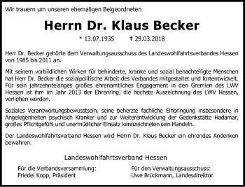 Traueranzeige von Klaus Becker von Giessener Allgemeine, Alsfelder Allgemeine