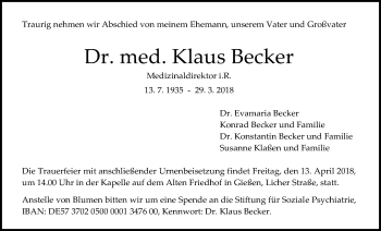 Traueranzeige von Klaus Becker von Giessener Allgemeine, Alsfelder Allgemeine