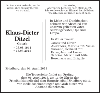 Traueranzeige von Klaus-Dieter Ditzel von Wetterauer Zeitung, Wetterauer Zeitung