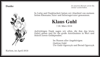 Traueranzeige von Klaus Guhl von Wetterauer Zeitung, Wetterauer Zeitung