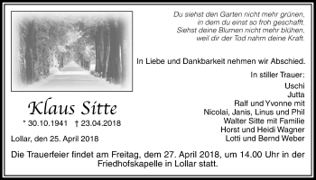 Traueranzeige von Klaus Sitte von Giessener Allgemeine, Alsfelder Allgemeine