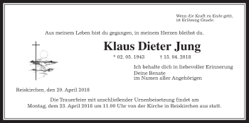 Traueranzeige von Klaus Dieter Jung von Giessener Allgemeine, Alsfelder Allgemeine