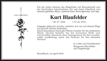 Traueranzeige von Kurt Blaufelder von Rabenauer Zeitung