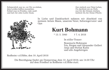 Traueranzeige von Kurt Bohmann von Wetterauer Zeitung, Wetterauer Zeitung