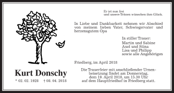 Traueranzeige von Kurt Donschy von Wetterauer Zeitung, Wetterauer Zeitung