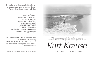 Traueranzeige von Kurt Krause von Giessener Allgemeine, Alsfelder Allgemeine