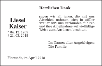 Traueranzeige von Liesel Kaiser von Wetterauer Zeitung, Wetterauer Zeitung