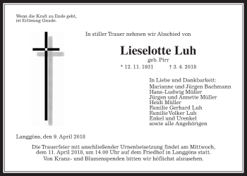 Traueranzeige von Lieselotte Luh von Giessener Allgemeine, Alsfelder Allgemeine