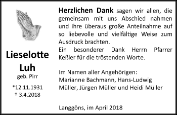 Traueranzeige von Lieselotte Luh von Giessener Allgemeine, Alsfelder Allgemeine