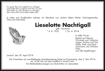 Traueranzeige von Lieselotte Nachtigall von Giessener Allgemeine, Alsfelder Allgemeine