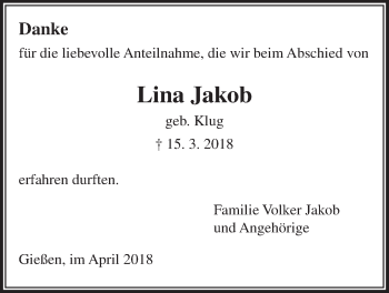 Traueranzeige von Lina Jakob von Giessener Allgemeine, Alsfelder Allgemeine