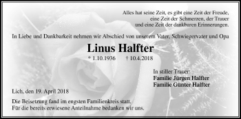 Traueranzeige von Linus Halfter von Licher Wochenblatt, Licher Wochenblatt, Licher Wochenblatt