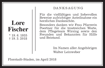 Traueranzeige von Lore Fischer von Wetterauer Zeitung, Wetterauer Zeitung