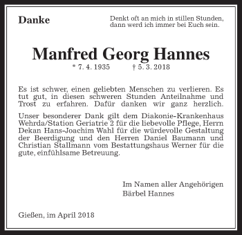 Traueranzeige von Manfred Georg Hannes von Giessener Allgemeine, Alsfelder Allgemeine