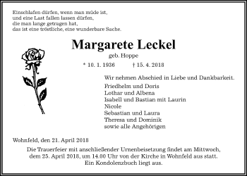 Traueranzeige von Margarete Leckel von Alsfelder Allgemeine